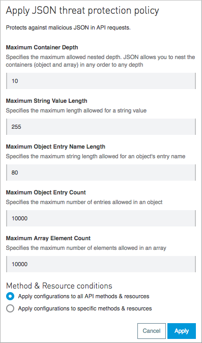 JSON threat protection policy configuration interface with validation rules and security settings