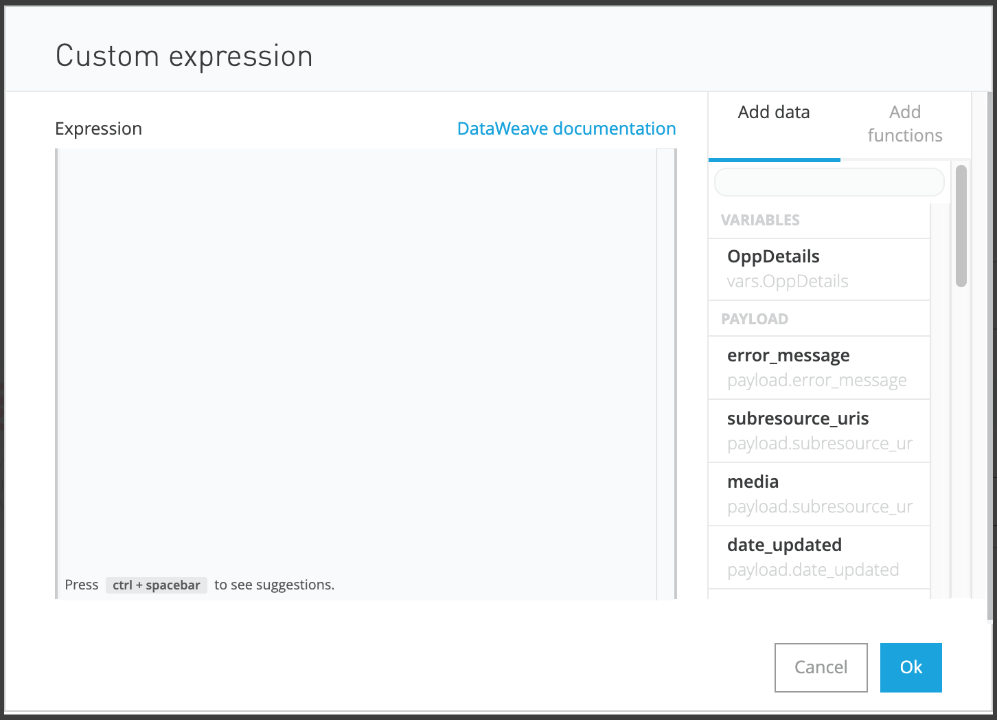 fd set var custom expression dialog