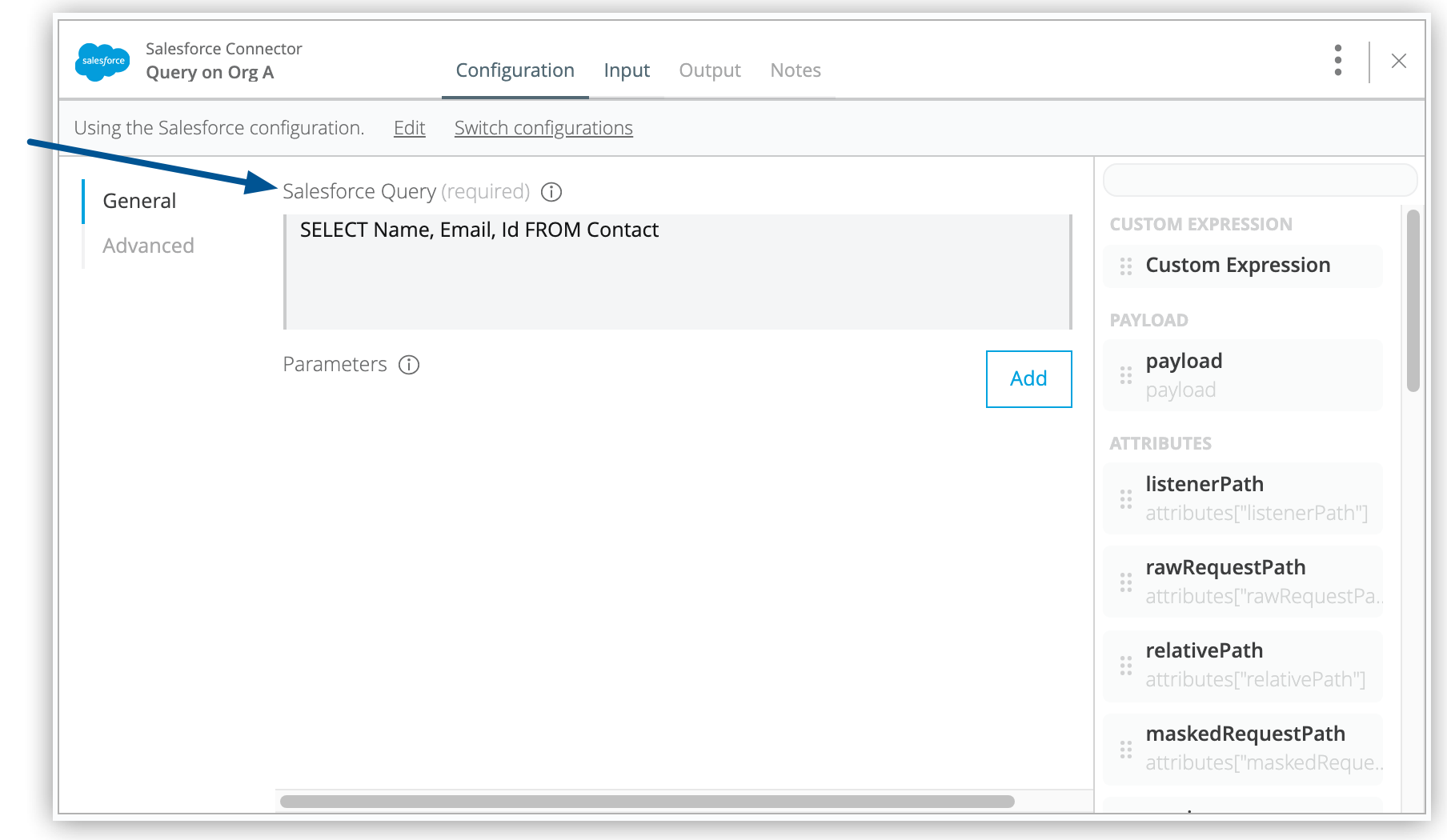 Query and location of the Salesforce Query field