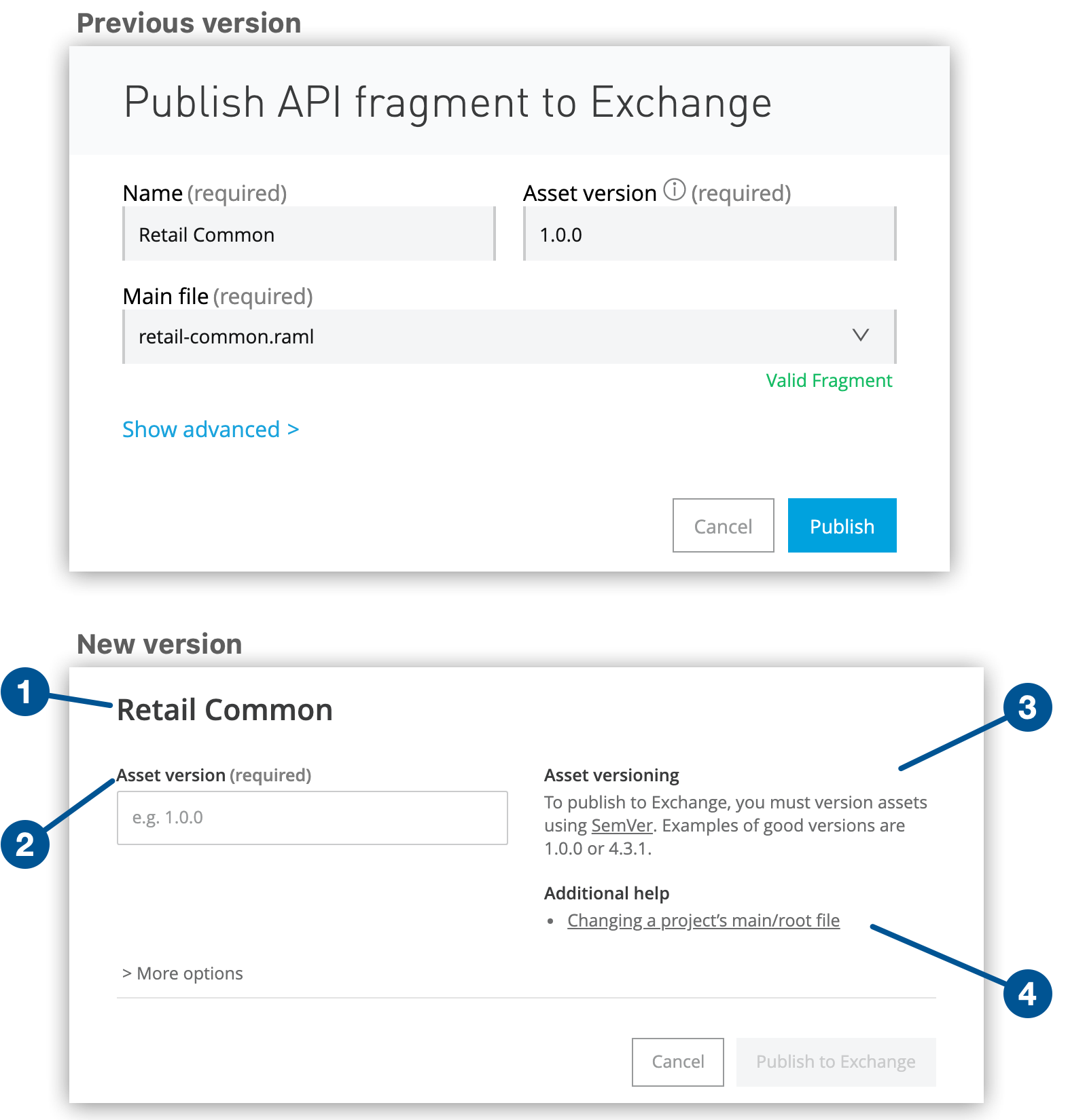 A comparison of the previous publish dialog with the new one.