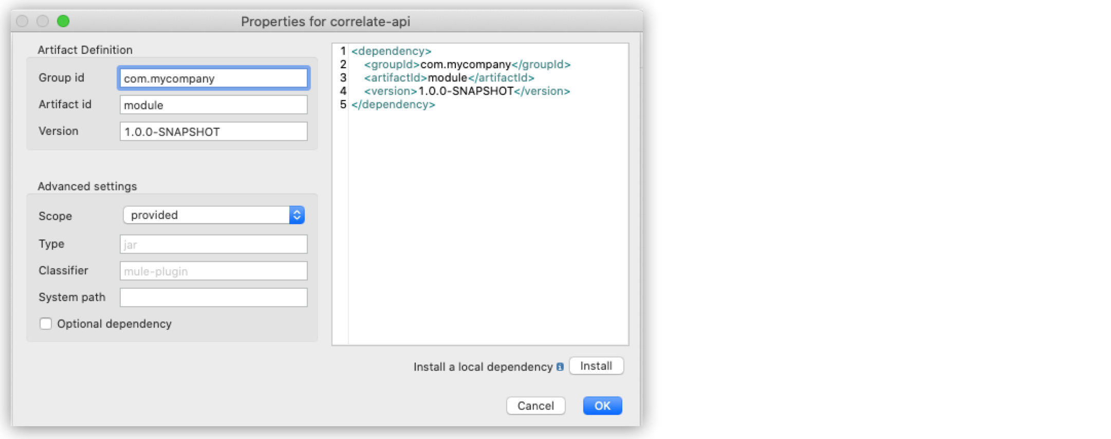 A Mule project property window showing fields to input artifact definition and advanced settings