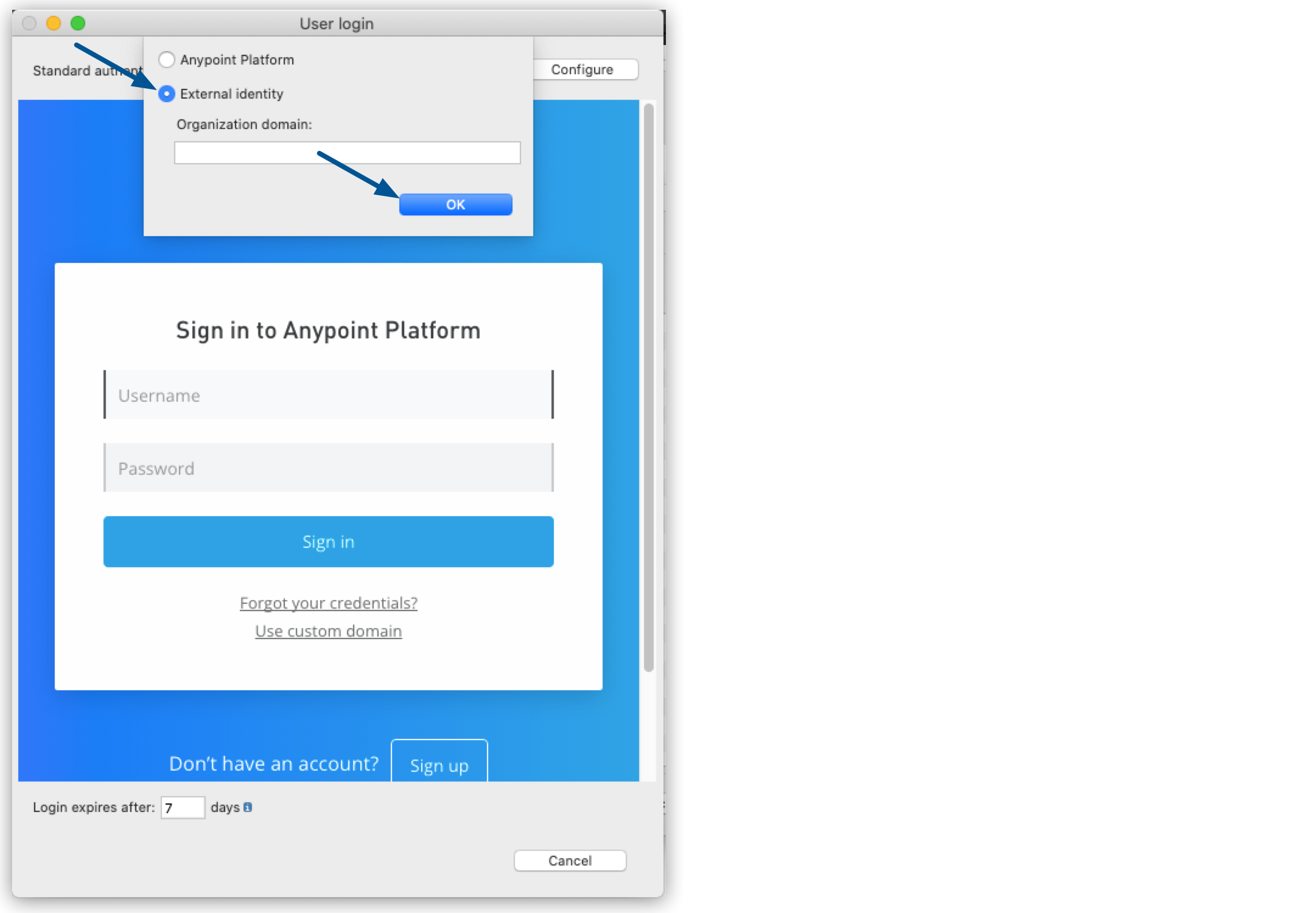 A login form for an Anypoint Platform account, with fields for username, password, and organization domain