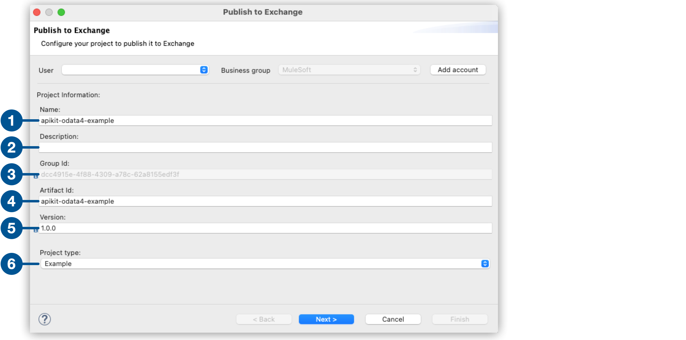 A form to publish a project to Exchange, with fields for user information, project details, and project type