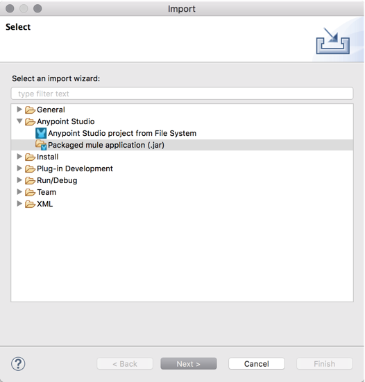A dialog box will appear, presenting you with a list of import options, such as General, Anypoint Studio, and Packaged Mule Applicatio