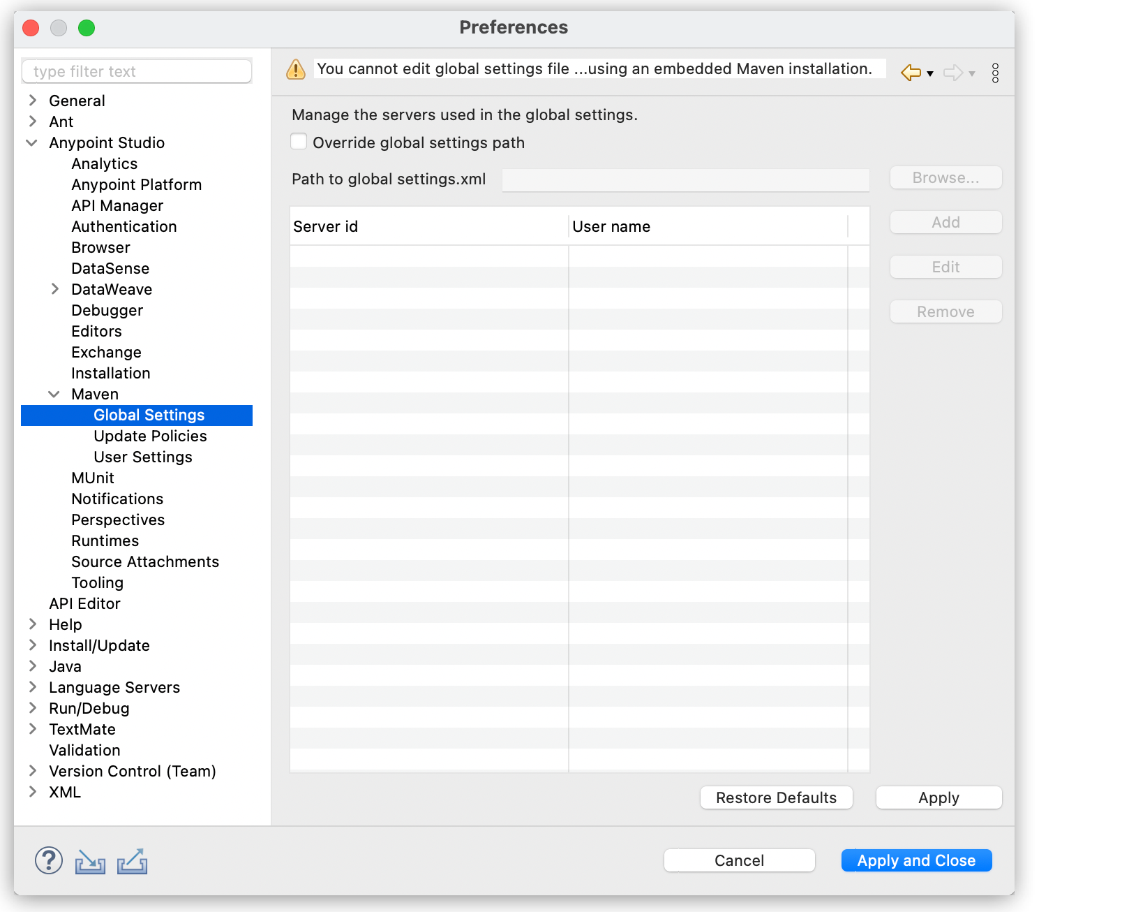 “*Global Settings* option highlighted in the Studio setting preferences window”