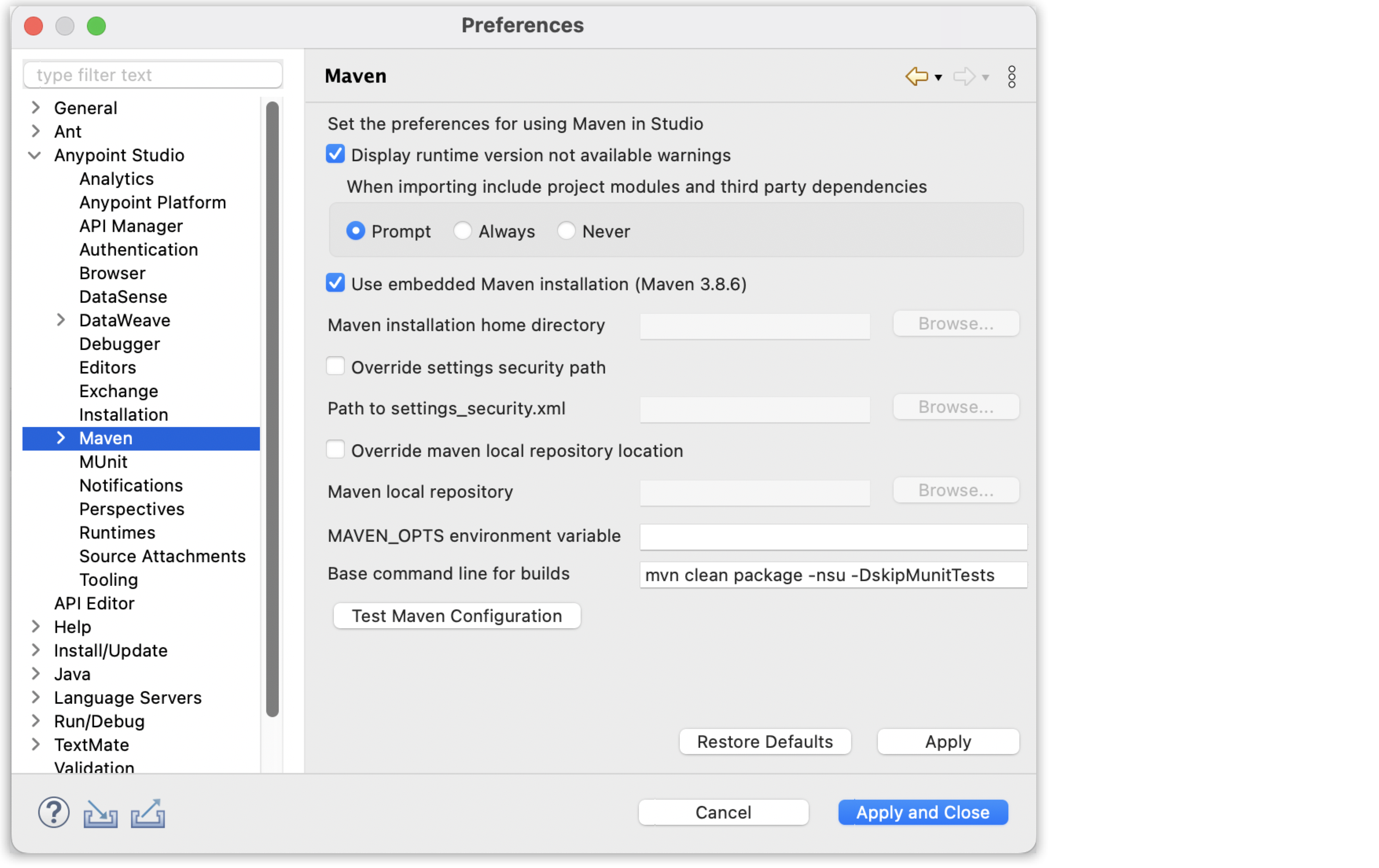 *Maven Preferences Reference* window accessed from the *Settings…​* option, from the *Anypoint Studio* menu