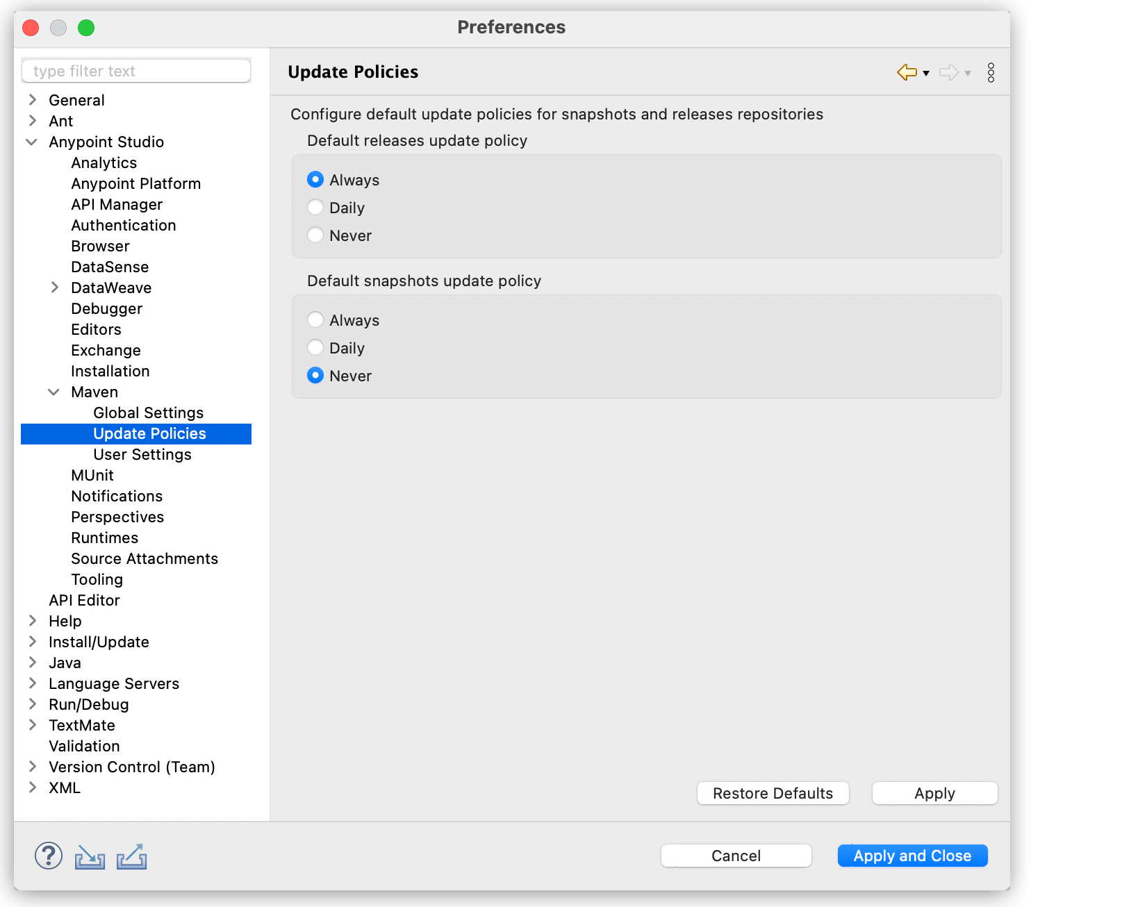 “*Update Policies* option highlighted in the Studio setting preferences window”