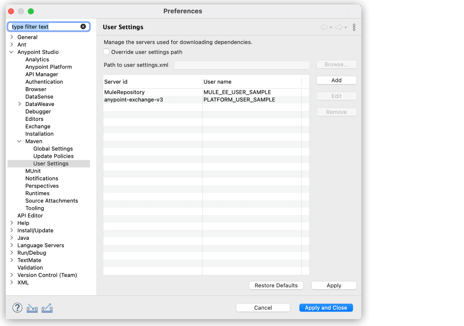 “*User Settings* option highlighted in the Studio setting preferences window”