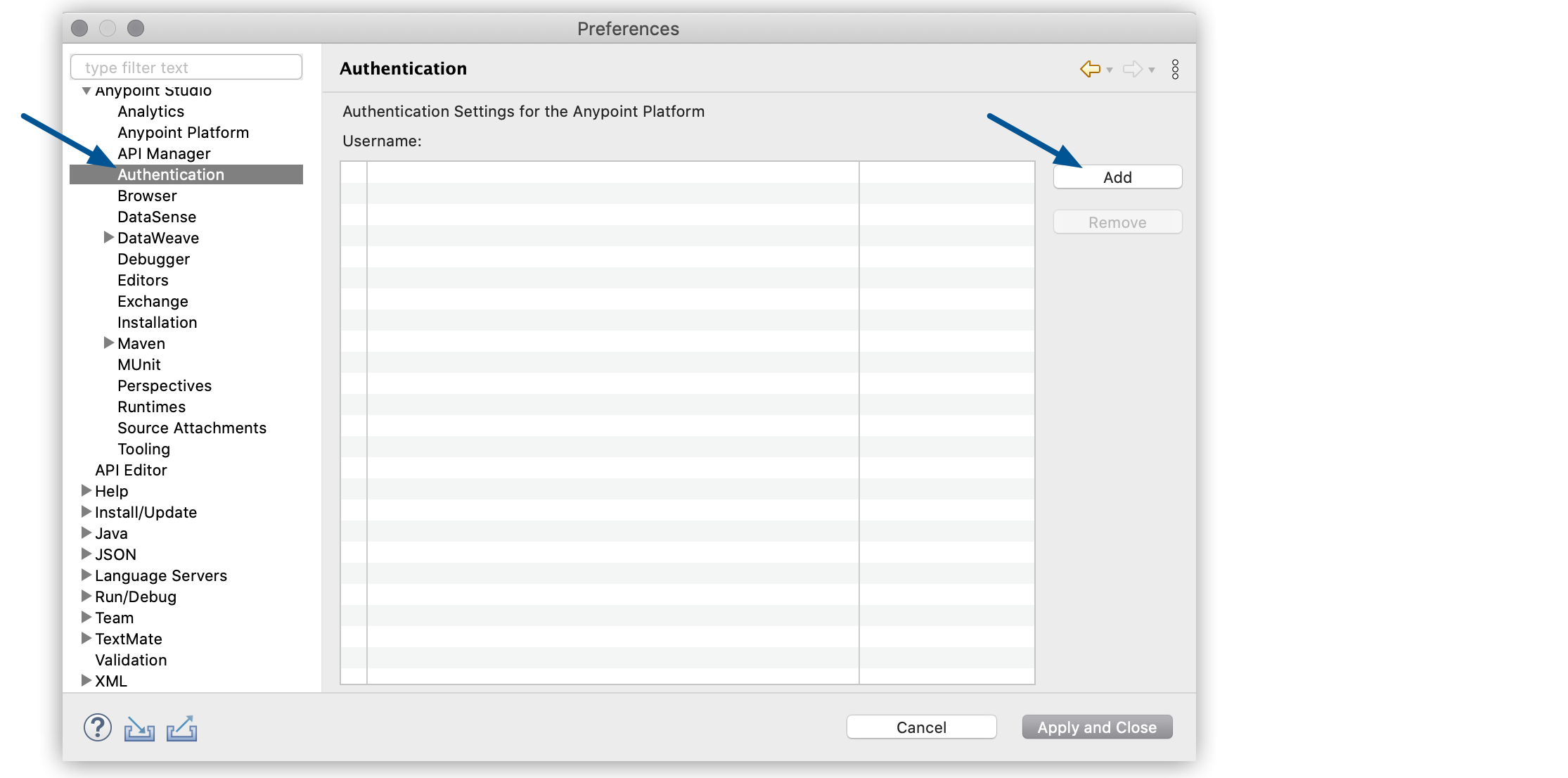 The Preferences window displays authentication settings, with an option to Add