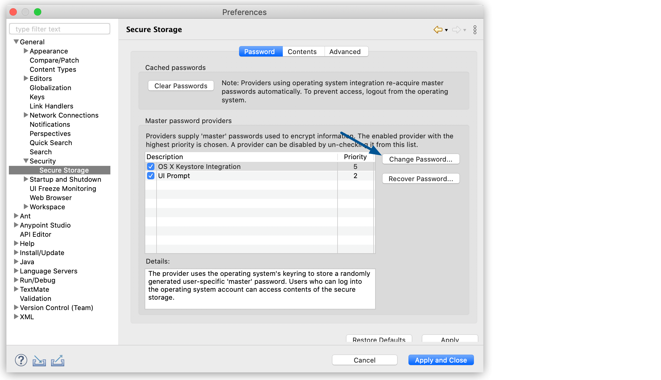 A table of secure storage providers, their descriptions, priorities, and instructions to change or reset your password