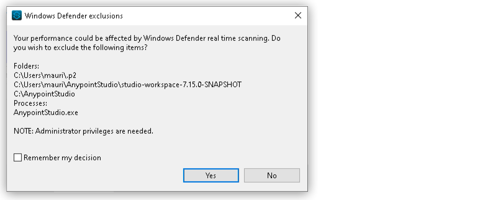 “A Windows Defender real-time protection popup asks whether to exclude Studio folders and processes.