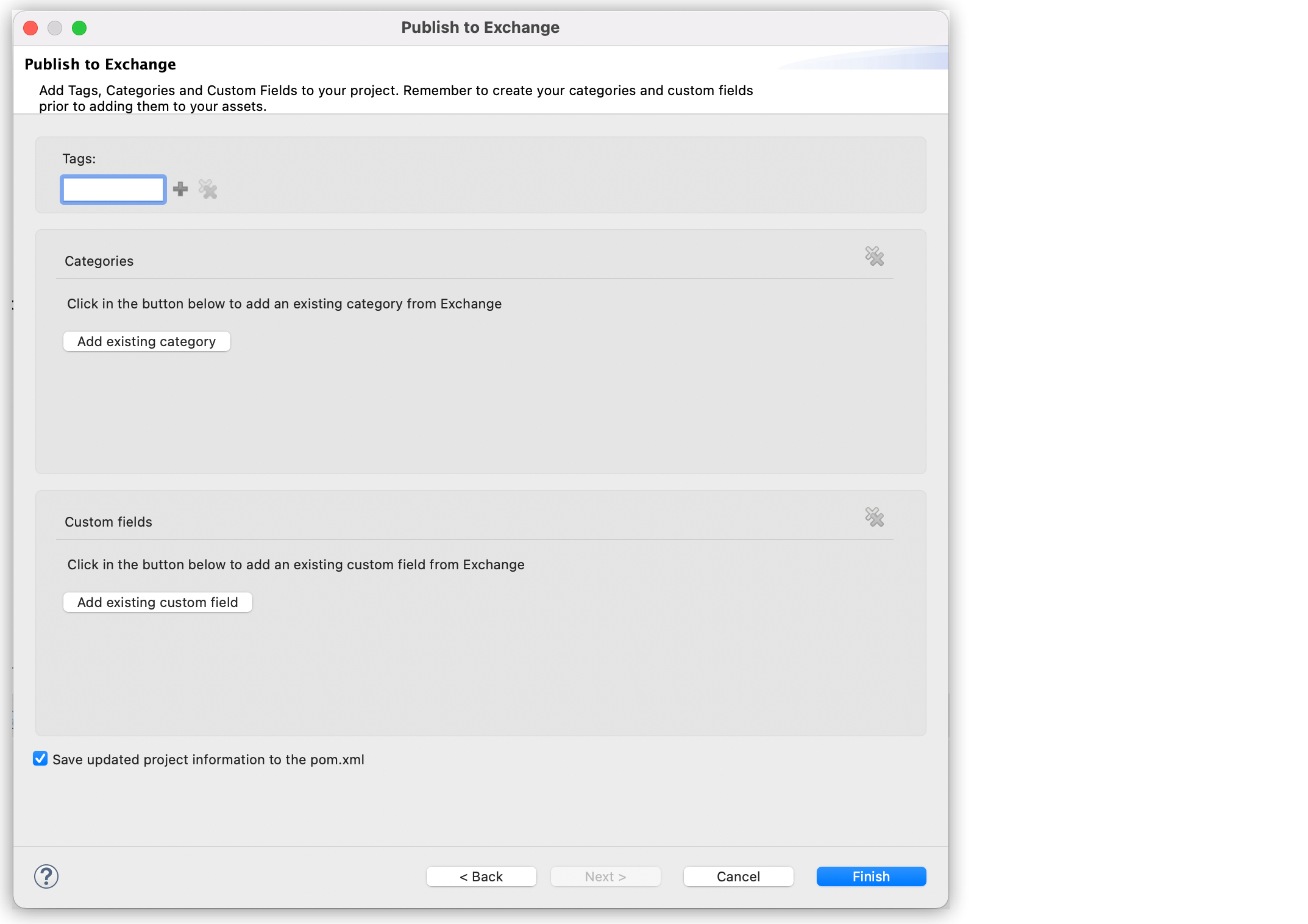 A computer window with options to add tags, categories, and custom fields